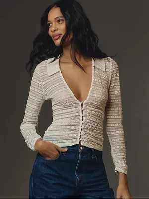 By Anthropologie Long-Sleeve V-Neck Floral Lace Top thumbnail 3
