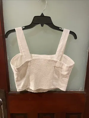 Abercrombie & Fitch Cream Square-Neck Linen Crop Top thumbnail 3