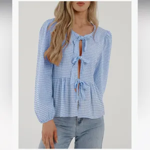 NWOT PRETTYGARDEN Babydoll Peplum Blouse Shirt Puff Long Sleeve Bow Tie Front XL thumbnail 4