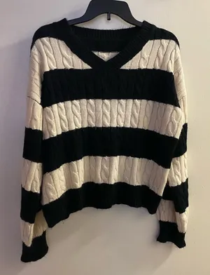 Womens V Neck Acrylic Knit Sweater 2XL Bust 48” Black & White Striped Stripes thumbnail 1