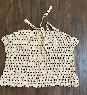 Statement Polka Dot Smocked Halter Tube Top Cream Black Linen Blend Large Boho thumbnail 1