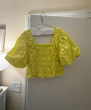 Smocked Puff Sleeve Top in Yellow thumbnail 2