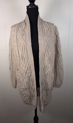 Aran Crafts Ireland Tan Chunky Cable Knit Wool Open Front Cardigan W Pockets‎ Xs thumbnail 1