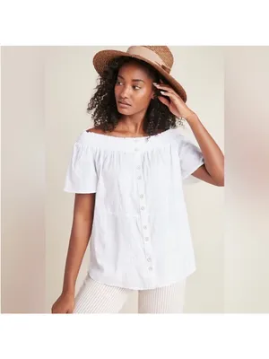 ANTHrOPOLOGIE Lucille White Off Shoulder Top medium thumbnail 3