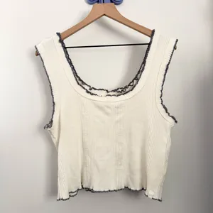 Free People Large Caramel Tank White Ivory Lettuce Trim Rib Knit Boxy Fit thumbnail 3