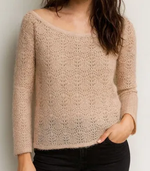 American Eagle Lace Knit Sweater Tan Long Sleeve Boat Neck‎ Women's M NWT thumbnail 1
