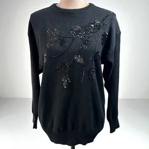 Vintage 80's/90's Jade Black Sequin Embellished Cotton Ramie Sweater Size Large thumbnail 2