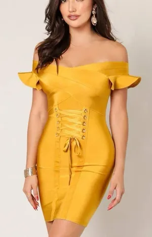Mustard Bandage Dress S Corset Lace Up Bodycon Y2K Baddie Fall Mini thumbnail 1