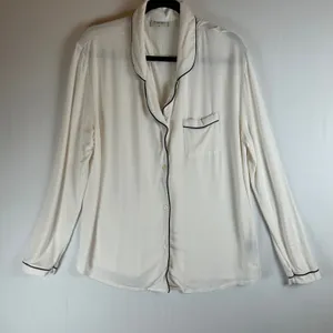 Comfrt Pajama Set Womens XL Cream White Black Piping Long Sleeve Wide Leg‎ Pants thumbnail 2