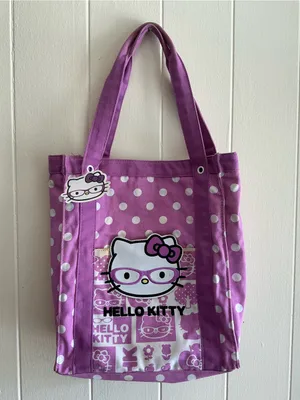 Rare Vintage Sanrio 2010 Hello Kitty Cotton purple nerd Large Tote Handbag Bag thumbnail 5