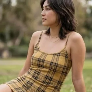 Y2K Mustard Yellow & Black Plaid Mini Slip Dress 90s Schoolgirl S/M thumbnail 2
