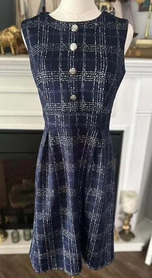 Enfocus Studio Navy Blue Sleeveless Plaid Dress with Decorative Buttons Size 4 thumbnail 1