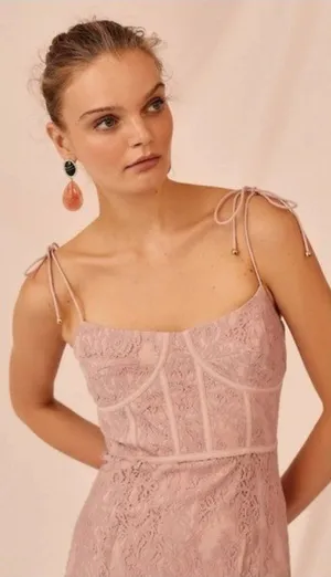 Keepsake The Label Sense Lace Midi Dress 10 Pink Sheer Sweetheart Tie Sleeve thumbnail 1
