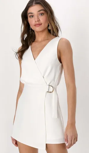 Lulus Rooftop Bar White Sleeveless Faux-Wrap Belted Skort Romper Classy Small thumbnail 1