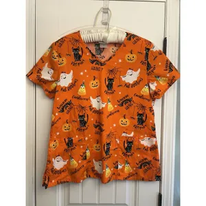 Scrubstar Womens L Halloween Print V-Neck Short Sleeve Scrub Top Cotton Orange thumbnail 12