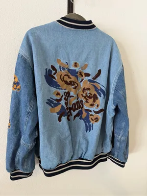iets frans Blue Denim Embroidered Varsity Jacket Size XS thumbnail 6