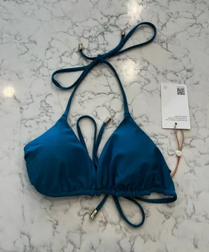 NWT‎ Quince Italian Triangle Bikini Top in Lagoon Teal Blue Size XS thumbnail 1