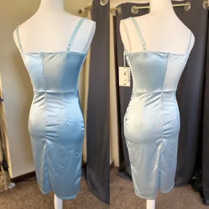 Linjou Light Blue Satin Ruched Bodycon Dress Square Neck Tulip‎ Hem NWT Size Med thumbnail 5