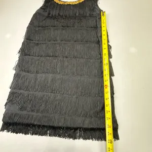 Women's Black Flapper Dress with Gold Sequin Neck Trim and Tiered Fringe thumbnail 5