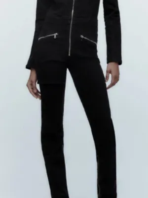 NWT ZARA Black Zip Denim Jumpsuit Long Sleeve Moto Utility XS 8197/247 Stretch thumbnail 6