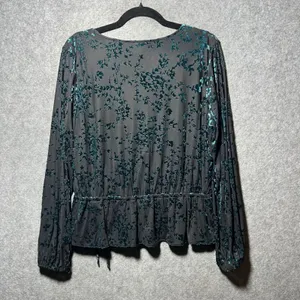 Lauren Conrad Womens Large Black‎ Teal Burnout Velvet Floral Peplum Wrap Blouse thumbnail 8