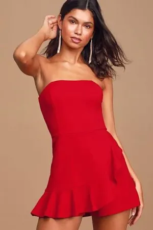 Call Me Up Red Ruffled Strapless Skort Romper thumbnail 1