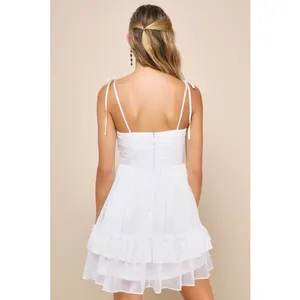 NWT Lulus Angelic Approach White Chiffon Ruffled Tie-Strap Mini Dress Party Sz L thumbnail 3