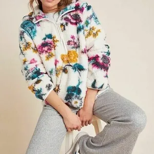 ANTHROPOLOGIE Rosemarie Hooded Sherpa Jacket Teddy Sweater Floral XS thumbnail 4