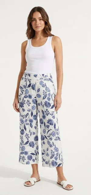 Ella Moss Linen Blend Blue & White Floral Print Casual Cropped Capri Pants M thumbnail 1