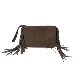 Sarah World Brown Suede Fringe Wristlet Sustainable Clutch Bag Bohemian Earthy thumbnail 2