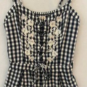 Hollister Women Mini Romper Gingham Checkered Black White Floral Lace Up size M thumbnail 5