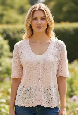 Y2K Retro Vintage 90s Pink Pointelle Knit crochet Cardigan Short Sleeve M stain thumbnail 1