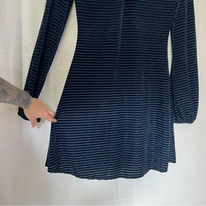 Lulu’s Ticket to chic Navy Blue Striped Velvet Balloon Sleeve dress Size small thumbnail 8
