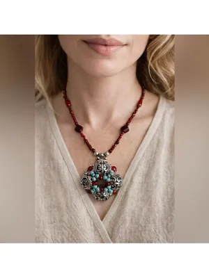 Vintage Southwest Red Bead Necklace with Turquoise & Ornate Silver Pendant thumbnail 3