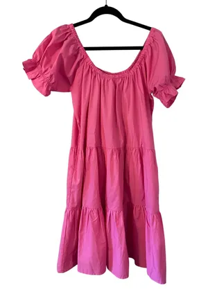 BURU Pink Cotton Puff Sleeve Tiered‎ Square Neck Midi Dress Size S Preppy thumbnail 1