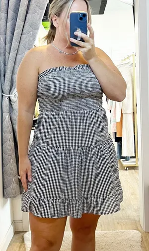 Goodnight Macaroon Strapless Smocked Bodice Tiered Gingham Mini Dress Black S thumbnail 1