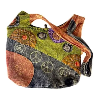 Rising International Embroidered Peace Sign Patchwork Boho Hobo Bag thumbnail 1
