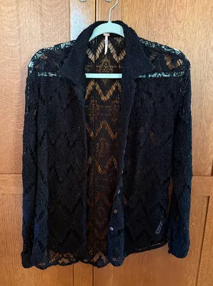 FREE PEOPLE crochet sun down sheer button down collared cover up thumbnail 1