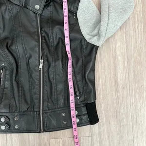 Last Kiss Y2K Black Leather Hybrid Gray Hooded Zip Moto Jacket Size Medium thumbnail 15