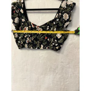 American Eagle Floral Crop Top NWT Womens Small Ruffle Sleeve Smocked Back Black thumbnail 3