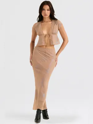 House of CB Maia Shimmer Cafe Au Lait Tie Front Top XS thumbnail 5