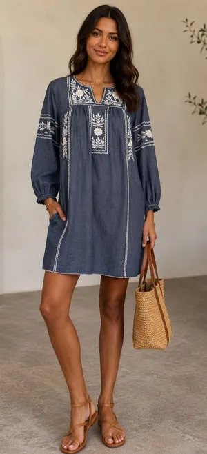 Roller Rabbit Abigail Blue Embroidered Cotton Tunic Dress Boho Medium thumbnail 1