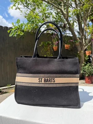 ST BARTS Black Canvas Tote Bag Beige Stripe Resort Beach Handbag thumbnail 13