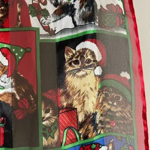Vintage Christmas Cat Scarf Sheer Red Green Holiday Kitty Print Accessory thumbnail 5