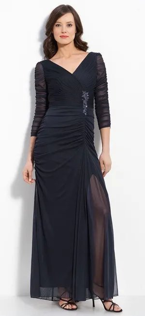 Adrianna Papell Ruched Mesh Navy Blue Beaded V Neck Maxi Dress Formal Size 4 thumbnail 1