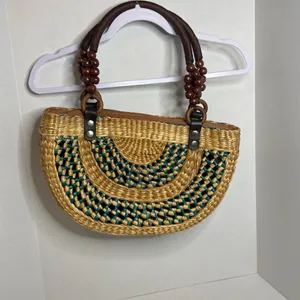 Brown Tan Teal Woven Straw Women’s Purse Handbag Wood Bead Accents Boho Beach thumbnail 2