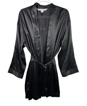 Victoria's Secret Black Satin Robe & Lace Slip Dress Lingerie Set OS XS‎ Black thumbnail 1