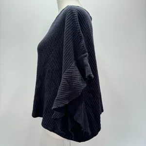BUCKETLIST Navy Blue Waffle Knit Raw Edge Flutter Sleeve Slouchy Cropped Top NEW thumbnail 7
