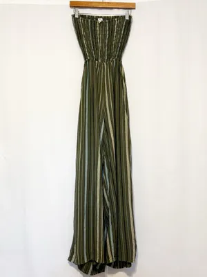 Aerie Strapless Smocked Linen Blend Green Jumpsuit size Small thumbnail 4