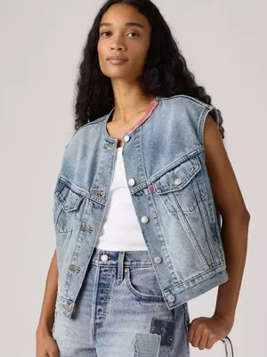 New Levi's S 90s Shrunken Collarless Vest Melody'S Muse Vest Medium Wash Small thumbnail 1